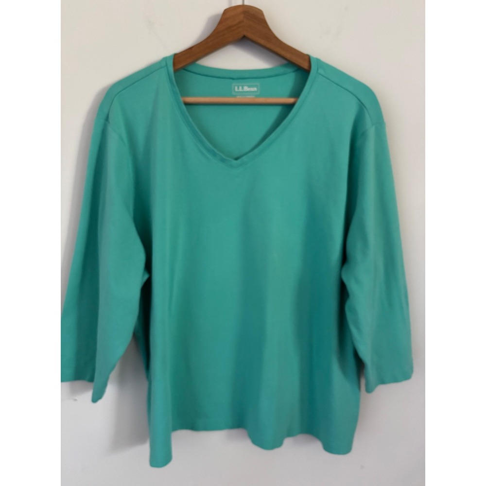 LL Bean Womens 3X Plus Teal Green Pima Cotton V-Neck 3/4 Sleeve T-Shirt